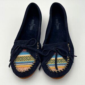 Minnetonka Kilty Hardsole Moccasins Size 9.5 Suede Navy Blue Southwest Style
